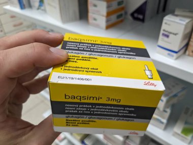 Prague,Czech Republic-May 9 2024: Baqsimi by ELI LILLY is a nasal glucagon powder used to treat severe hypoglycemia in diabetic patients, providing fast-acting glucose to quickly restore blood sugar clipart