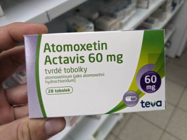 Prague, Czech Republic-July 9 2024: Atomoxetin Actavis box of medication with Atomoxetine active substance by Mylan, used for treatment of ADHD, attention deficit hyperactivity disorder, impulse contr clipart