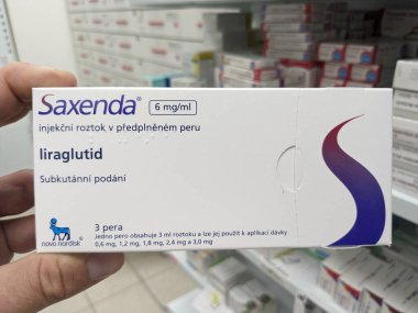 Prague, Czech Republic-NOvember 8 2024:SAXENDA box of medication with LIRAGLUTIDE active substance by NOVO NORDISK, used for weight loss and diabetes management. clipart