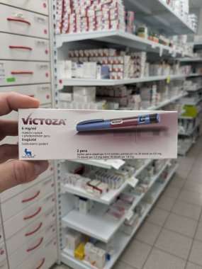 Prague,Czech republic-June 27 2024: VICTOZA medication with Liraglutide active substance by Novo Nordisk, used for treatment of diabetes mellitus type 2, weight management, hyperglycemia,injection clipart