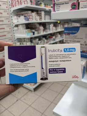 Prague,Czech republic- June 22 2023:box of TRULICITY 1,5 mg Eli lilly insulin self injections pen. DULAGLUTIDE active substance ,European union,pharmacy concept clipart