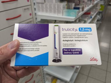 Prague,Czech republic- June 22 2023:box of TRULICITY 1,5 mg Eli lilly insulin self injections pen. DULAGLUTIDE active substance ,European union,pharmacy concept clipart