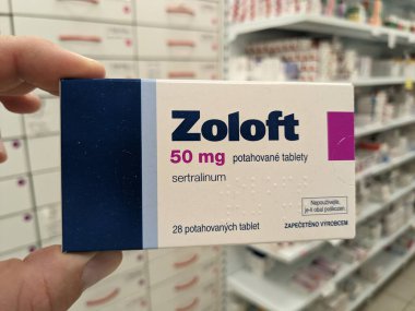 Prague, Czech Republic - August 28 2024: ZOLOFT box with SERTRALINE active substance by PFIZER, used for treatment of depression, anxiety, and OCD. clipart