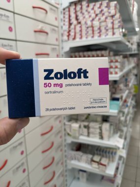 Prague, Czech Republic - August 28 2024: ZOLOFT box with SERTRALINE active substance by PFIZER, used for treatment of depression, anxiety, and OCD. clipart