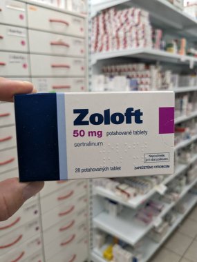 Prague, Czech Republic - August 28 2024: ZOLOFT box with SERTRALINE active substance by PFIZER, used for treatment of depression, anxiety, and OCD. clipart