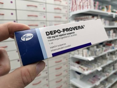 Prague, Czech Republic-October 29 2024:DEPO-PROVERA box with MEDROXYPROGESTERONE ACETATE active substance by PFIZER, used for contraception and menstrual regulation. clipart