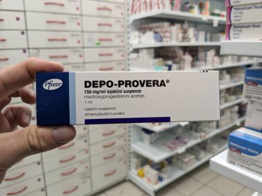 Prague, Czech Republic-October 29 2024:DEPO-PROVERA box with MEDROXYPROGESTERONE ACETATE active substance by PFIZER, used for contraception and menstrual regulation. clipart