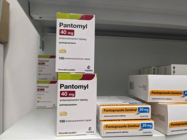 Prag, Çek Cumhuriyeti, 23 Mayıs 2023: PANTOMYL Eczacılık-Pantoprazole, mide içinde üretilen asit miktarını azaltan bir proton pompa inhibitörüdür.