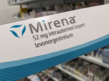 Prag, Çek Cumhuriyeti - 9 Temmuz 2024: MIRENA intrauterine device with LEVONORGESTREL active matter by BAYER, used for long time birth control.