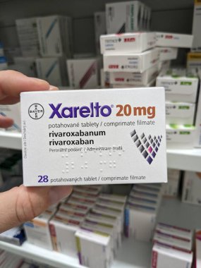 Prague, Czech Republic-August 15 2024: XARELTO box of tablets with RIVAROXABAN active substance, used for the prevention and treatment of blood clots and stroke. clipart