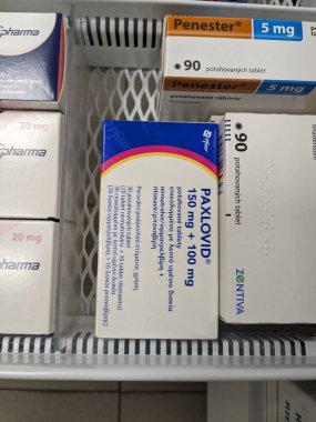 Prag, Çek Cumhuriyeti-8 Ocak 2024: Pfizer 'ın COVID 19, cov19 tedavisi için aktif madde Nirmatrelvir ve ritonavir kombinasyonu içeren Paxlovid ilaç kutusu