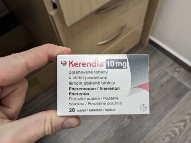 Prague, Czech Republic - July 13, 2024: KERENDIA tablets with FINERENONE active substance by BAYER, used for chronic kidney disease and type 2 diabetes management.  clipart