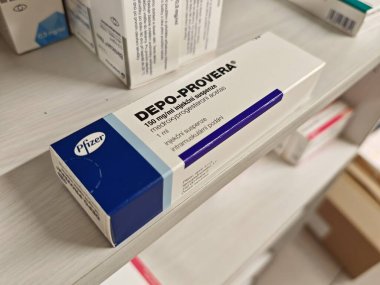 Prague, Czech Republic - July 9 2024: DEPO-PROVERA box of medication with medroxyprogesterone acetate active substance by Pfizer, used for treatment of contraception, menstrual disorders, endometriosi clipart