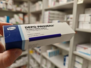 Prague, Czech Republic - July 9 2024: DEPO-PROVERA box of medication with medroxyprogesterone acetate active substance by Pfizer, used for treatment of contraception, menstrual disorders, endometriosi clipart