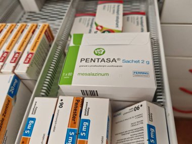 Prague,Czech Republic-August 7 2024: PENTASA SACHET box of medication with MESALAZINE active substance by FERRING,used for treatment of ulcerative colitis,Crohn's disease clipart