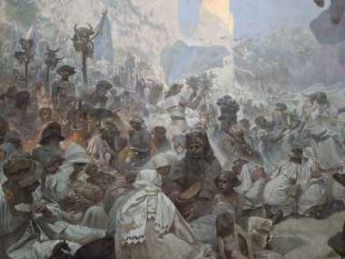 Moravsky Krumlov, Çek Cumhuriyeti-9 Ekim 2024: Mucha 'nın Moravian Krumlov' daki Slav Epic sergisinde Slav tarihi ve kültürünü kutlayan anıtsal tablolar sergileniyor, Alphonse Muchas çalışmaları sergileniyor