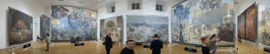 Moravsky Krumlov,Czech Republic-October 9 2024:Mucha's Slavic Epic exhibition in Moravian Krumlov displays monumental paintings celebrating Slavic history and culture,showcasing Alphonse Muchas work clipart