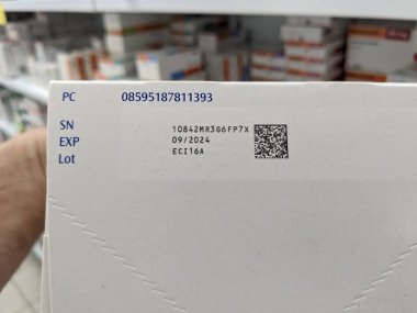 Prague,Czech republic-August 28 2024:QR code on medicine box. Falsified Medicines Directive. FMD. Unique identifier and an anti-tampering device on drug. Medicine box and blister closeup - macro clipart