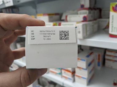 Prague,Czech republic-August 28 2024:QR code on medicine box. Falsified Medicines Directive. FMD. Unique identifier and an anti-tampering device on drug. Medicine box and blister closeup - macro clipart