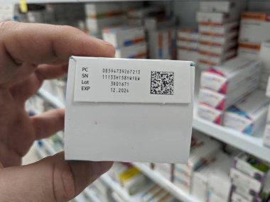 Prague,Czech republic-August 28 2024:QR code on medicine box. Falsified Medicines Directive. FMD. Unique identifier and an anti-tampering device on drug. Medicine box and blister closeup - macro clipart