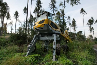 Brno, Çek Cumhuriyeti - 20 Ocak 2024: Orman kazıcısı Menzi Muck A91 toprak işlerinde ormanlarda.