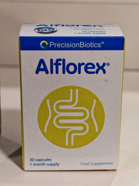 Londra, İngiltere-5 Mart 2025: AFLOREX PRECIONBIOTICS, bağırsak sağını destekleyen ve IBS semptomlarının yararlı bakterilerle yönetilmesine yardımcı olan klinik olarak test edilmiş probiyotik bir eklentidir.