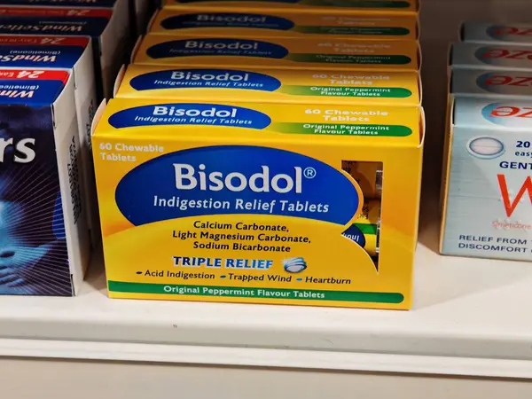 Londra, İngiltere-5 Mart 2025: BISODOL INDIGESTION RELIEF TABLET hazımsızlık, asit reflü ve mide rahatsızlığı, aşırı mide asidinin nötralize edilmesi