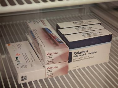 Prag, Çek Cumhuriyeti - 27 Haziran 2024: Novo Nordisk 'in Liraglutide aktif maddesiyle VICTOZA ilacı, diyabet tedavisi için kullanılan Mellitus tip 2, ağırlık yönetimi, hiperglisemi, enjeksiyon