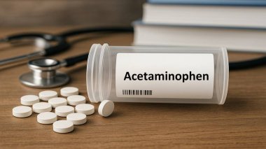 Asetaminofen plastik kutu içinde ateş ve ağrı kesici olarak kullanılan parasetamol tabletleri var.