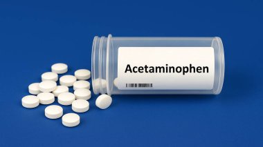 Asetaminofen plastik kutu içinde ateş ve ağrı kesici olarak kullanılan parasetamol tabletleri var.