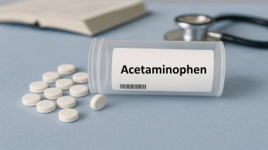 Asetaminofen plastik kutu içinde ateş ve ağrı kesici olarak kullanılan parasetamol tabletleri var.