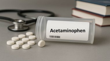 Asetaminofen plastik kutu içinde ateş ve ağrı kesici olarak kullanılan parasetamol tabletleri var.