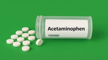 Asetaminofen plastik kutu içinde ateş ve ağrı kesici olarak kullanılan parasetamol tabletleri var.