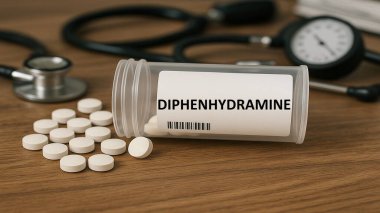 Diphenhydramine plastik ilaç kutusu ve masada tabletler.
