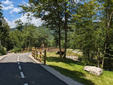 Avusturya Alpleri 'nin yüksek dağlarıyla çevrili nehir vadisinde akan bisiklet yolu manzaralı doğa gezisi sunuyor..