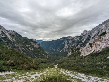 Sloven Alplerinin tepelerinin bulutlarla kaplı olduğu Logarska Dolina Vadisi 'nin panoramik manzarası.