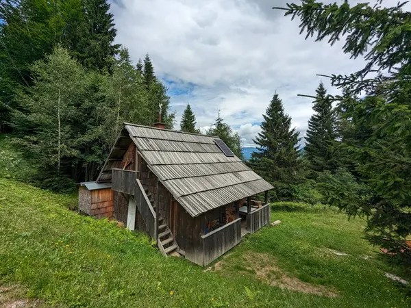 Slovenya 'daki Logar Vadisi' nde manzaralı dağlar, ahşap yerel kulübeler ve geleneksel alp çiftlikleri var..