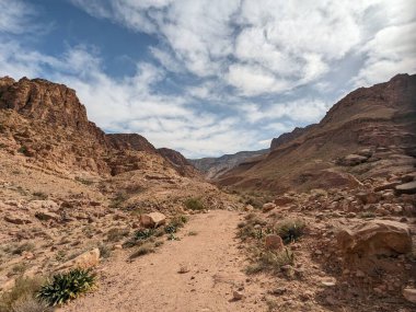 Ürdün Patikası Dana Vadisi 'nden Petra' ya ve Wadi Rum.Wadi Rum Çölü 'ne, Ürdün. Kızıl çöl ve Jabal Al Qattar dağları, Arabistan