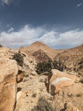 Ürdün Patikası Dana Vadisi 'nden Petra' ya ve Wadi Rum.Wadi Rum Çölü 'ne, Ürdün. Kızıl çöl ve Jabal Al Qattar dağları, Arabistan