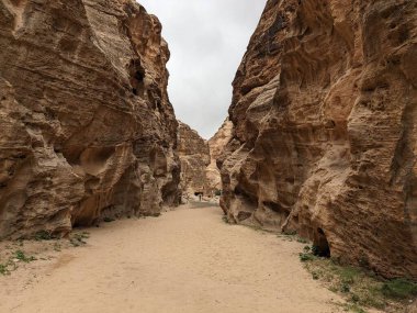 Ürdün Patikası Dana Vadisi 'nden Petra' ya ve Wadi Rum.Wadi Rum Çölü 'ne, Ürdün. Kızıl çöl ve Jabal Al Qattar dağları, Arabistan