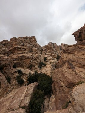 Ürdün Patikası Dana Vadisi 'nden Petra' ya ve Wadi Rum.Wadi Rum Çölü 'ne, Ürdün. Kızıl çöl ve Jabal Al Qattar dağları, Arabistan