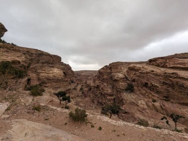 Ürdün Patikası Dana Vadisi 'nden Petra' ya ve Wadi Rum.Wadi Rum Çölü 'ne, Ürdün. Kızıl çöl ve Jabal Al Qattar dağları, Arabistan