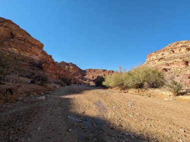 Ürdün Patikası Dana Vadisi 'nden Petra' ya ve Wadi Rum.Wadi Rum Çölü 'ne, Ürdün. Kızıl çöl ve Jabal Al Qattar dağları, Arabistan