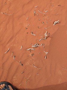 Turuncu renkli kum desenli arka plan. Wadi Rum Çölü, Ürdün, Arabistan manzaralı güzel manzara, çölde kırmızı portakallı kuma yakın çekim
