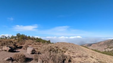 Tenerife Dağları, Kanarya Adaları, İspanya 'nın Kanarya Adaları' ndaki volkanik adaların manzaralı kayalarında çıkan orman yangınlarını gösteren bir yürüyüş sırasında çekilmiş manzara..