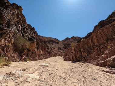 Ürdün Patikası Dana Vadisi 'nden Petra' ya ve Wadi Rum.Wadi Rum Çölü 'ne, Ürdün. Kızıl çöl ve Jabal Al Qattar dağları, Arabistan