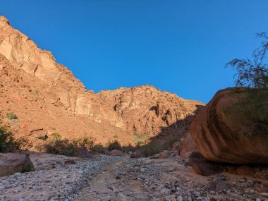 Ürdün Patikası Dana Vadisi 'nden Petra' ya ve Wadi Rum.Wadi Rum Çölü 'ne, Ürdün. Kızıl çöl ve Jabal Al Qattar dağları, Arabistan