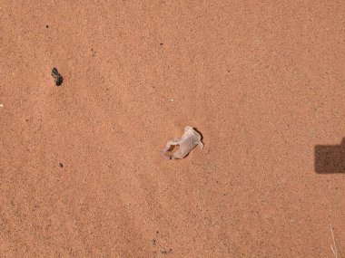 Turuncu renkli kum desenli arka plan. Wadi Rum Çölü, Ürdün, Arabistan manzaralı güzel manzara, çölde kırmızı portakallı kuma yakın çekim