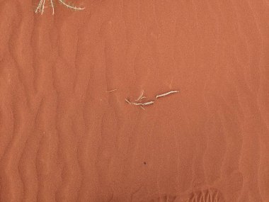 Turuncu renkli kum desenli arka plan. Wadi Rum Çölü, Ürdün, Arabistan manzaralı güzel manzara, çölde kırmızı portakallı kuma yakın çekim