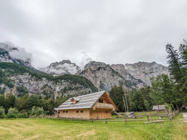 Slovenya 'daki Logar Vadisi' nde manzaralı dağlar, ahşap yerel kulübeler ve geleneksel alp çiftlikleri var..